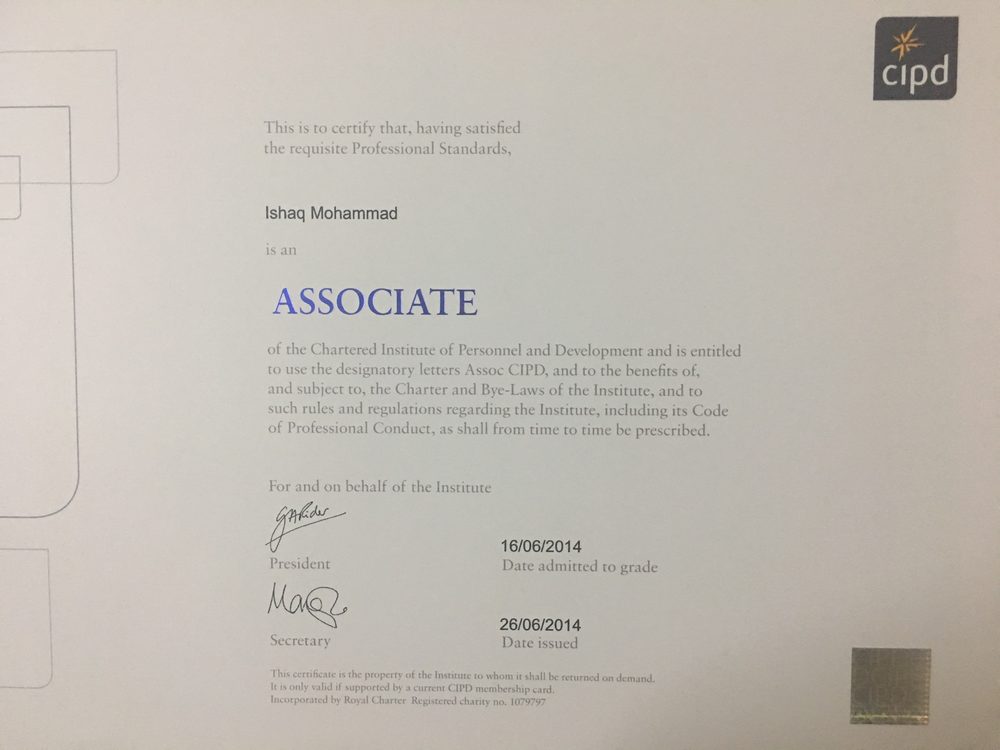 CIPD Associate Member certificate