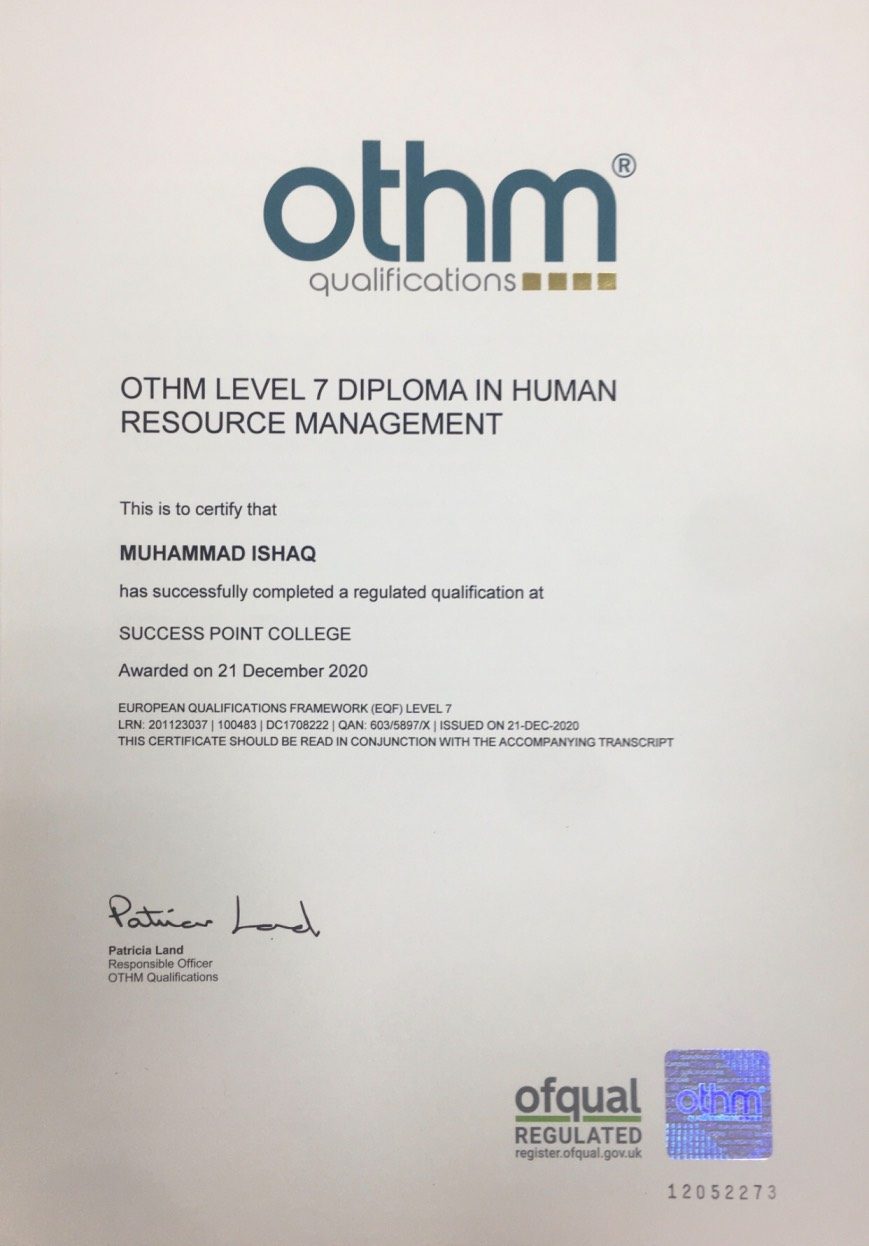 OTHM Level 7 Diploma in Human Resource Management certificate
